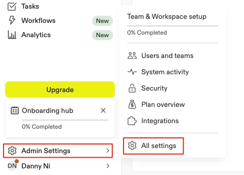 Apollo 后台设置界面，展示如何进入 All Settings 进行邮件营销配置。
