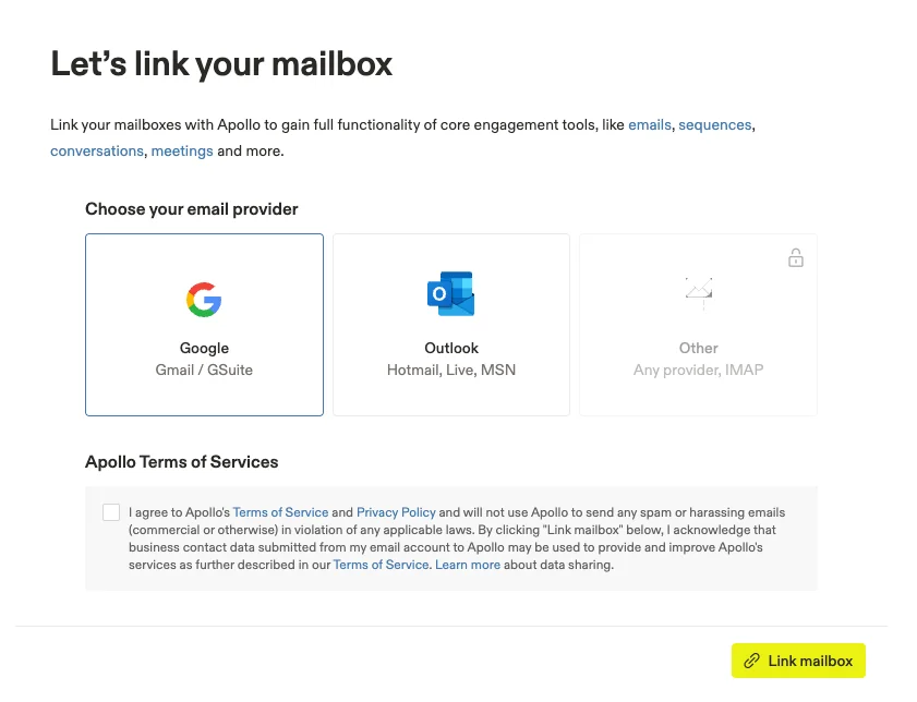 选择要绑定至 Apollo 的邮箱服务商（如 Google、Outlook 或其他）。