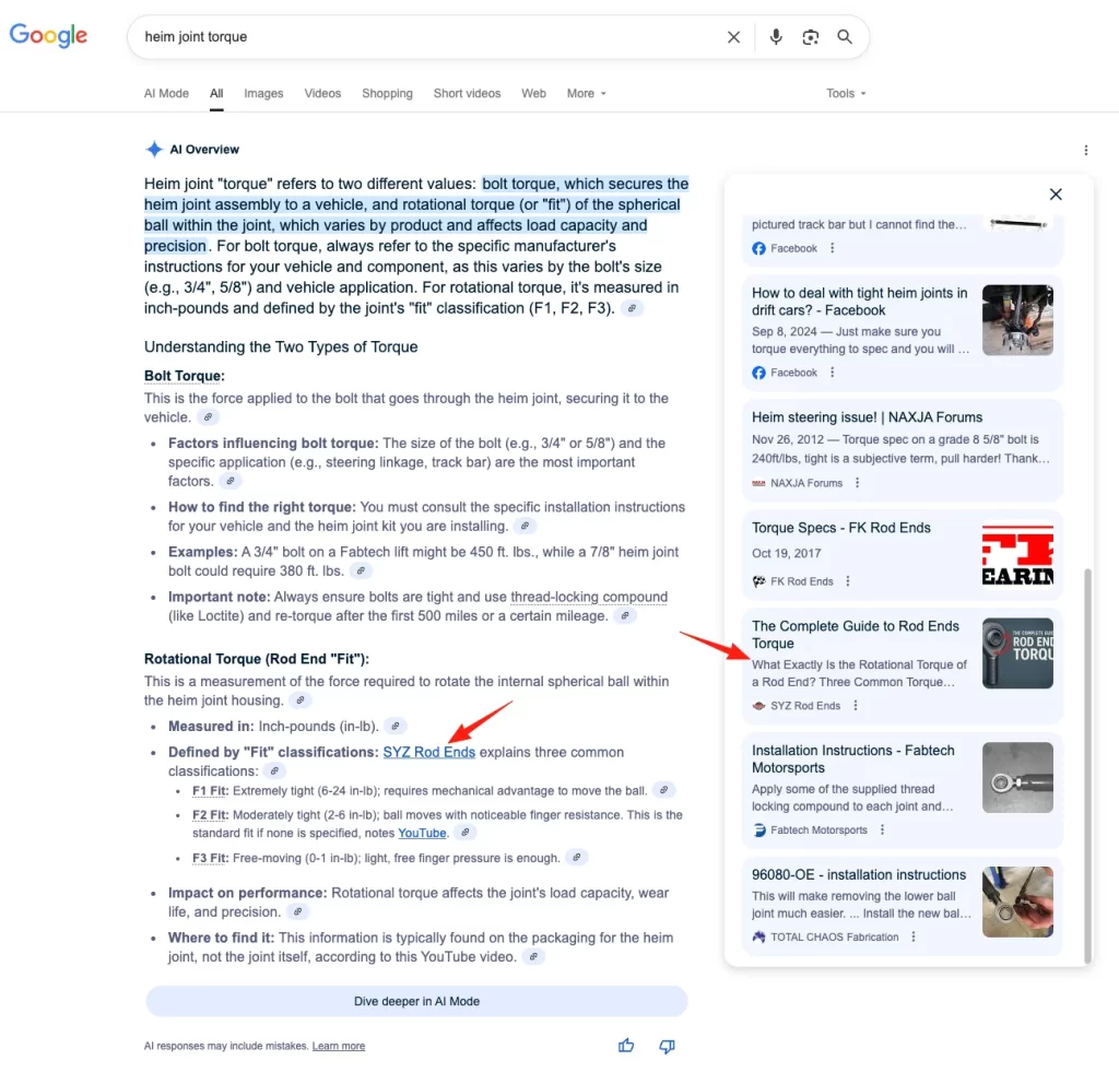 Google AI Overview result for the keyword “heim joint torque.”