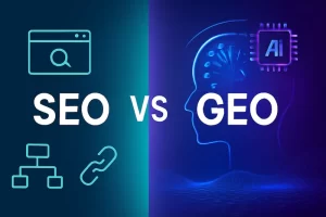 一幅数字插图，比较 SEO 和 GEO。左侧展示传统的 SEO，包含搜索引擎和链接等元素；右侧展示 GEO，包含 AI 元素，如发光的数字大脑和“AI”字样。