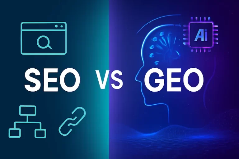 一幅数字插图，比较 SEO 和 GEO。左侧展示传统的 SEO，包含搜索引擎和链接等元素；右侧展示 GEO，包含 AI 元素，如发光的数字大脑和“AI”字样。